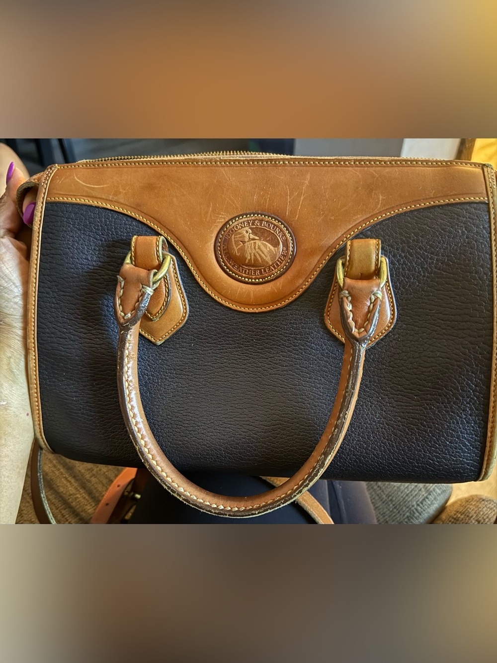 Dooney & Bourke Black and Tan Leather Logo Patch Shoulder Bag